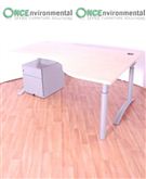 1800 x 1200 RH height adjustable wave desk in maple complete with a 2 drawer silver under desk pedestal 