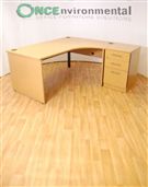 1600 x 1630 Ergonomic panel end desk in light oak RH complete with a 3 drawer desk high pedestal 