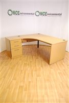 1600 x 1630 Ergonomic panel end desk in light oak LH complete with a 3 drawer desk high pedestal 
