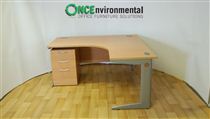1600 X 1600 RH ergonomic desk in beech complete with a 3 drawer under desk pedestal 