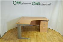 1600 x 1600 LH side ergonomic desk in beech complete with a 3 drawer under desk pedestal 