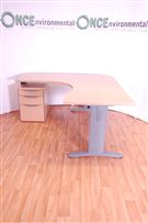1600 x 1600 LH Ergonomic desk in oak complete with a 3 drawer integral under desk pedestal 