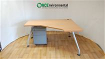 Knoll1600 x 1400 Knoll RH ergonomic desk in beech complete with a 3 drawer silver under desk pedestal 