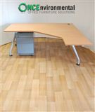 Knoll1800 x 1600 Knoll RH ergonomic desk in beech complete with a 3 drawer silver under desk pedestal 