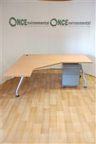 Knoll1800 x 1600 Knoll LH ergonomic desk in beech complete with a silver 3 drawer under desk pedestal 