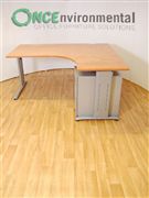 1600 x 1400 RH ergonomic desk in cherry complete with a 3 drawer under desk steel pedestal 