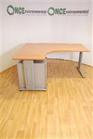 1600 x 1400 LH ergonomic desk in cherry complete with a 3 drawer under desk steel pedestal 