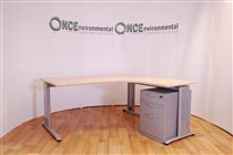 1600 x 1600 Ergonomic desk RH in maple complete with a silver 3 drawer under desk pedestal 