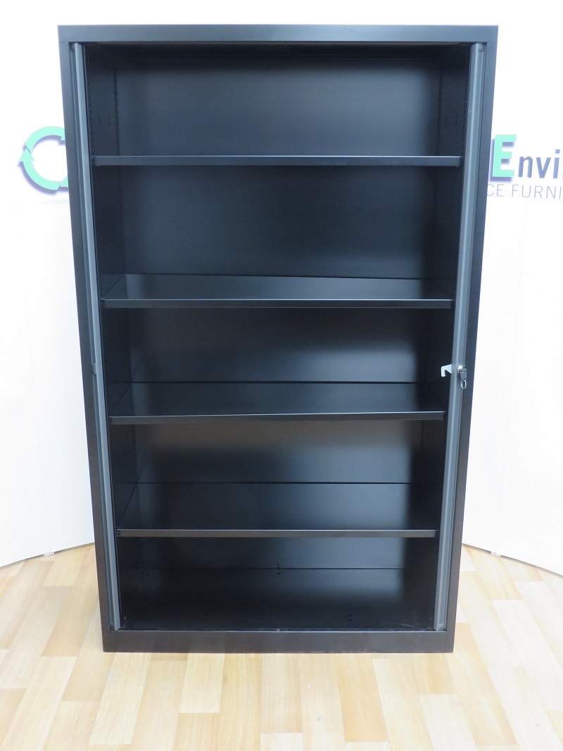Used Office Storage Black Tambour Door Cupboard 1980H x 1200W x 430D