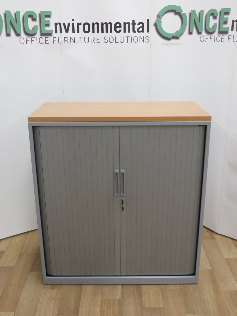 Used Office Storage Triumph Silver Tambour Door Cupboard With A Beech